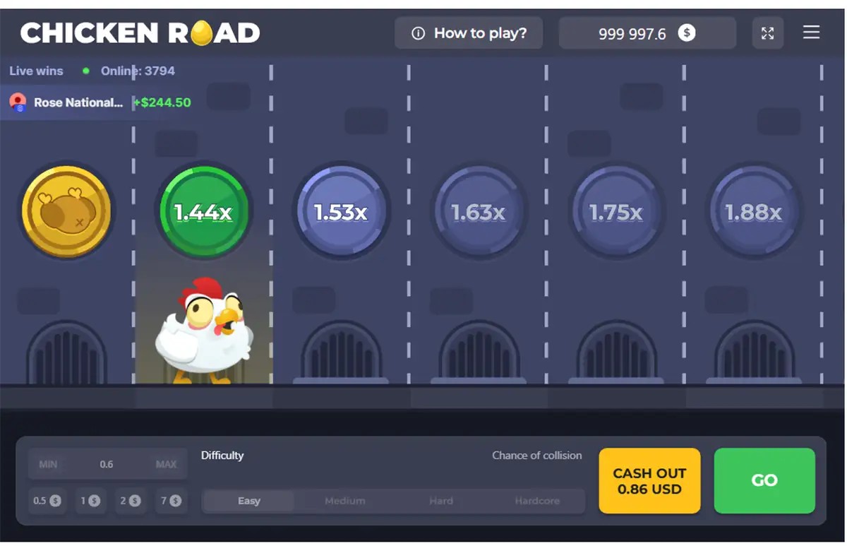 The image shows the "Chicken Road" game interface, where the chicken character is navigating across a series of manhole covers with increasing multipliers ranging from 1.44x to 1.88x. The player